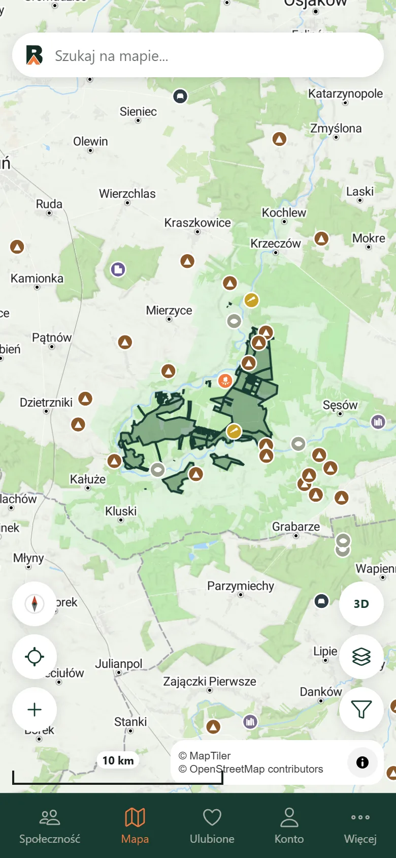 Interaktywna mapa aplikacji BIWO z miejscami na biwak, obszarami Zanocuj w lesie i granicami nadleśnictw w całej Polsce