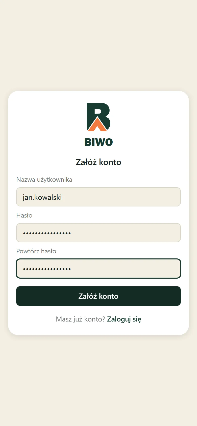 Ekran zakładania konta w aplikacji BIWO