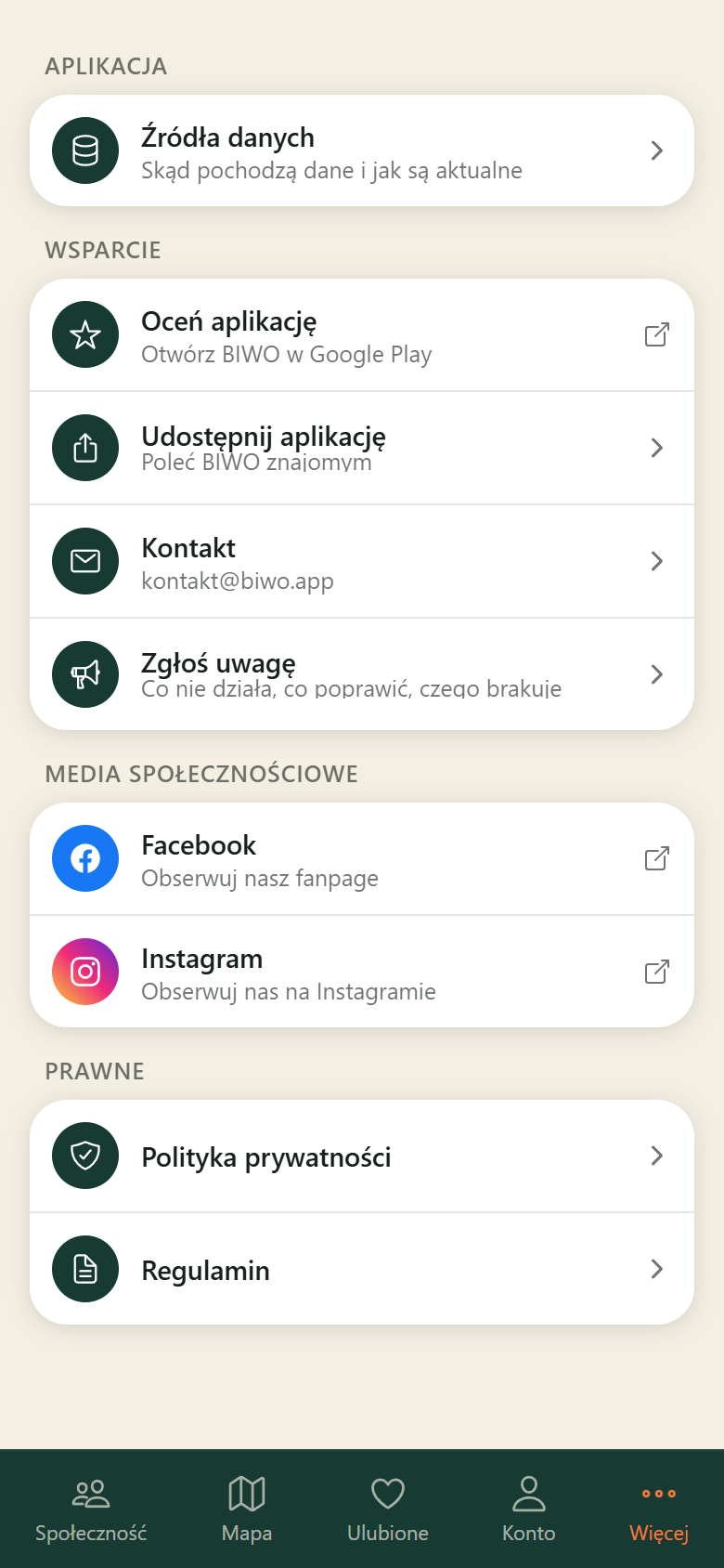 Ekran Więcej w aplikacji BIWO ze źródłami danych, kontaktem i mediami społecznościowymi